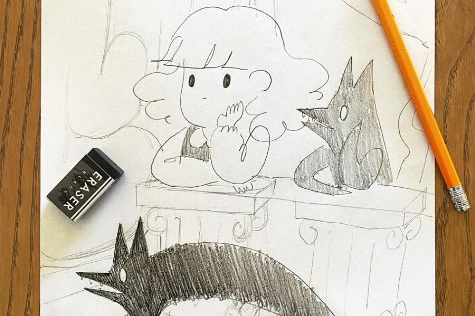 pencil drawing of girl and foxes by giorgiko